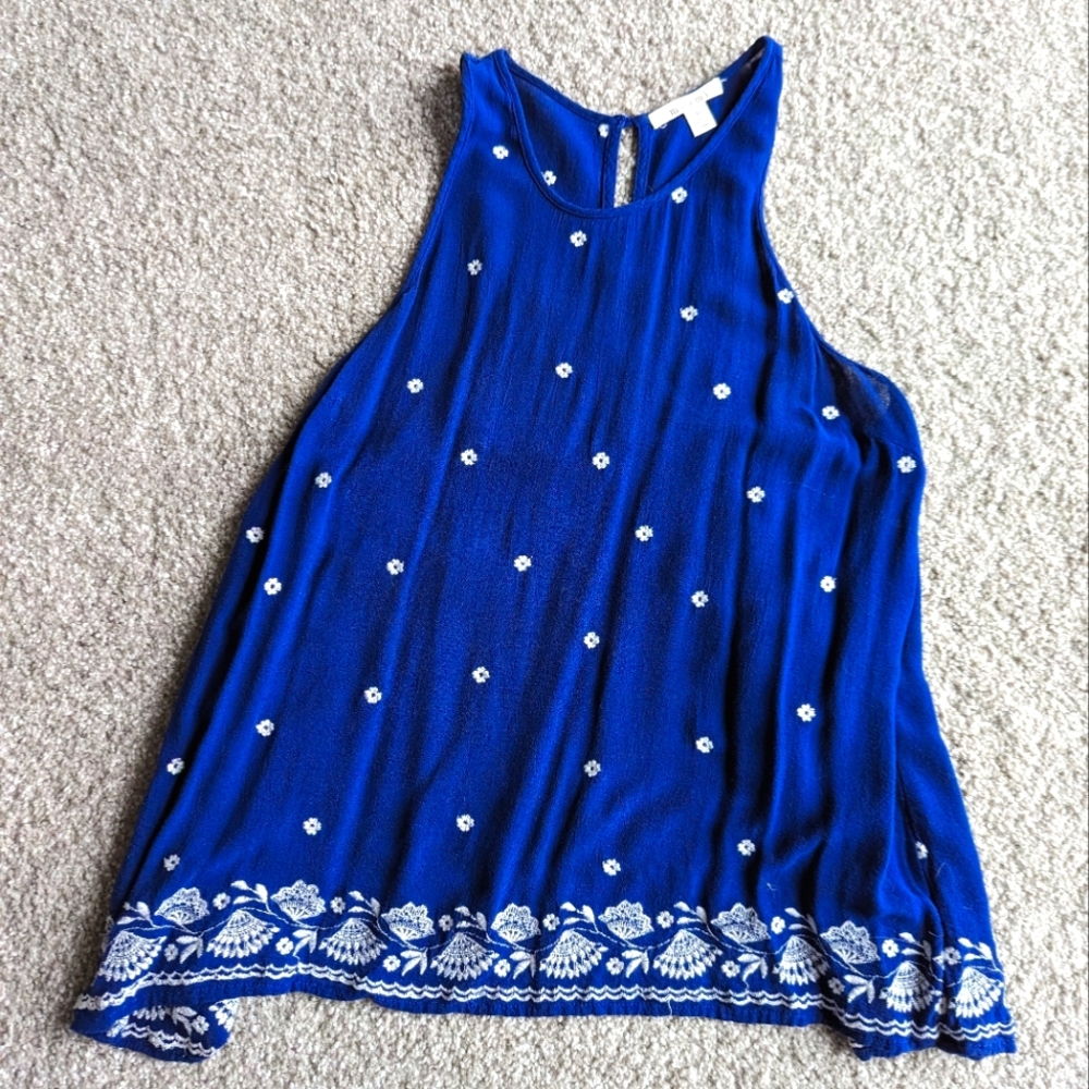 Floral Embroidered Blue Tank